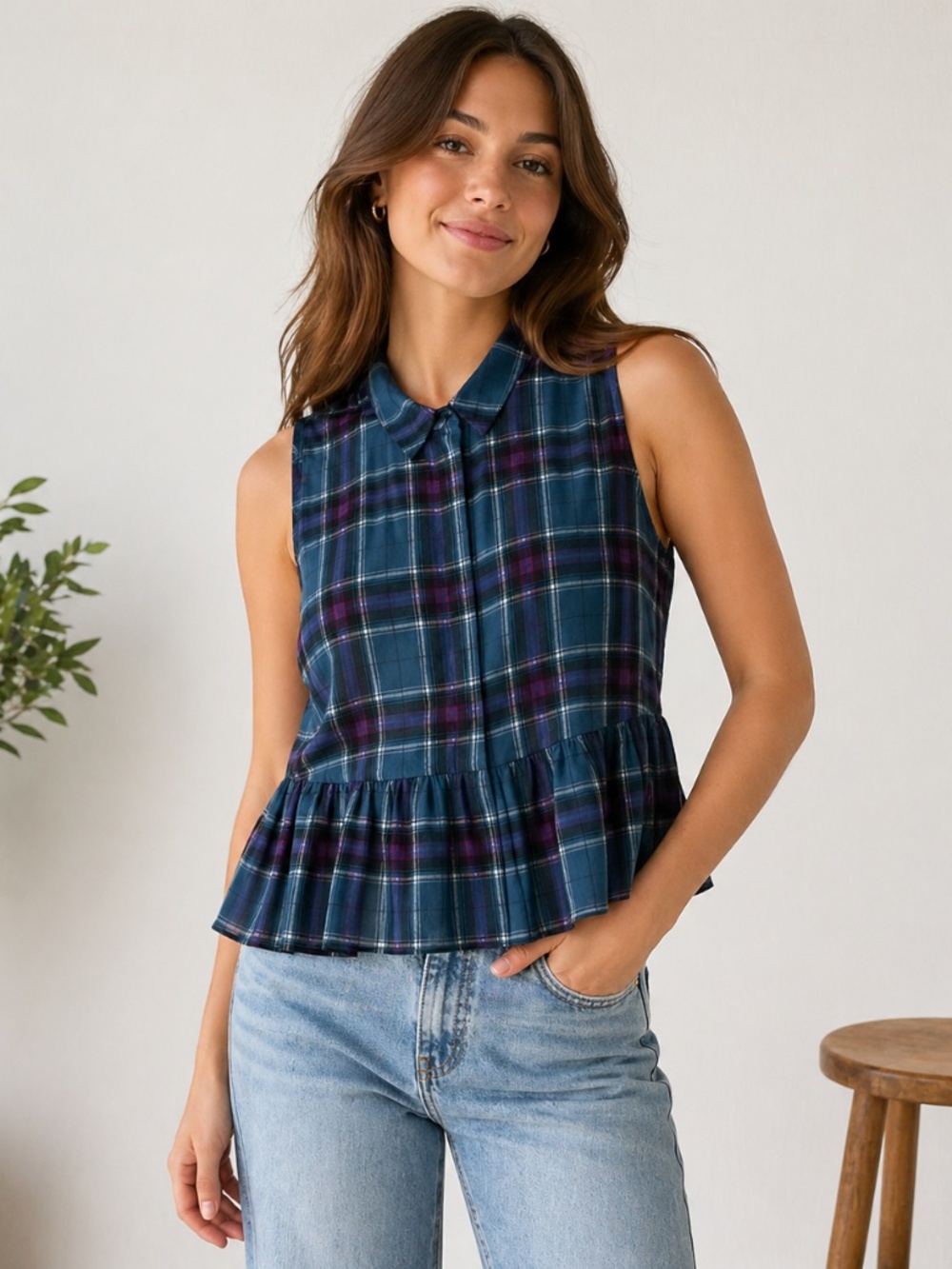 American Eagle Sheer Tartan Plaid Blouse Top Women's Small Hidden Snap Button
